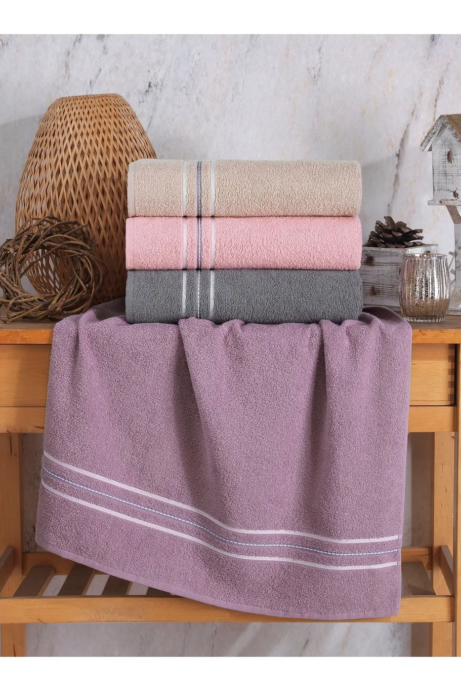 4’lü Çizgili Banyo Havlusu 70x140 – Gri / Bej / Lavanta / Pembe